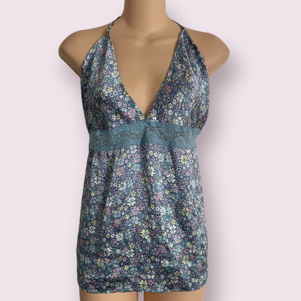 NWOT - Frankie's Bikinis Miriam floral blue Silk Halter Tank LARGE - Picture 4 of 7